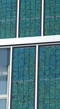 Nahaufnahme der Solarfassade mit polykristallinen Zellen des Route de Berne 2 Gebäudes. 