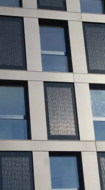 Close-up of the solar façade on the 14-floor Silo Bleu residential building. 