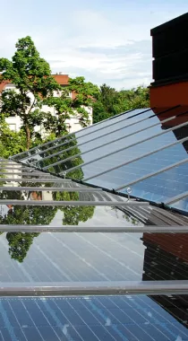 Close-up of the photovoltaic roof structure in the main courtyard of the Heilig Geist church.