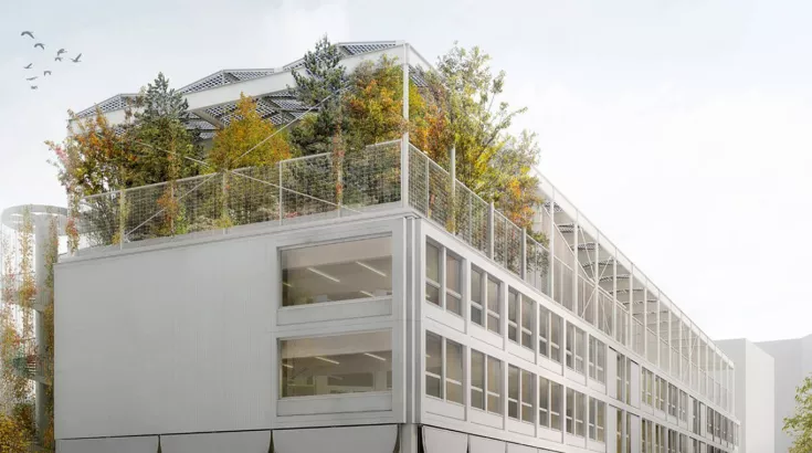 Das photovoltaische Glasdach der Primarschule Allmend auf dem geplanten “Greencity”-Areal in Zürich Wollishofen.