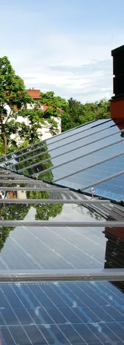 Close-up of the photovoltaic roof structure in the main courtyard of the Heilig Geist church.